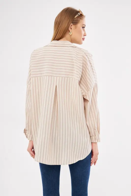 Kadın Vizon Çizgili Uzun Kol Cep Detaylı Pileli Oversize Gömlek ARM-24Y001057-Vizon - 5