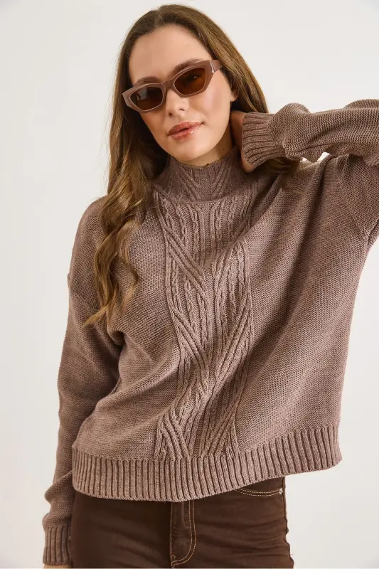 Kadın Vizon Dik Yaka Ortası Saç Örgülü Triko Kazak KZK-19000912-Vizon - 1