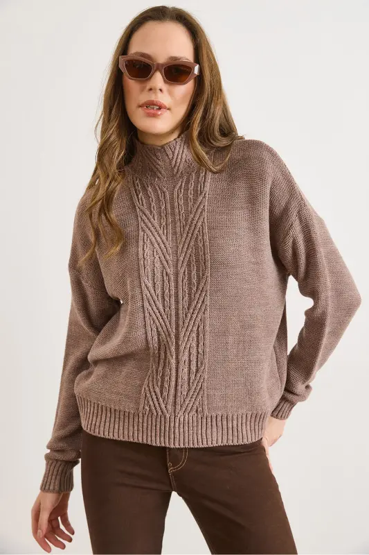 Kadın Vizon Dik Yaka Ortası Saç Örgülü Triko Kazak KZK-19000912-Vizon - 2