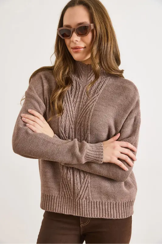 Kadın Vizon Dik Yaka Ortası Saç Örgülü Triko Kazak KZK-19000912-Vizon - 3