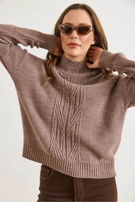 Kadın Vizon Dik Yaka Ortası Saç Örgülü Triko Kazak KZK-19000912-Vizon - 4