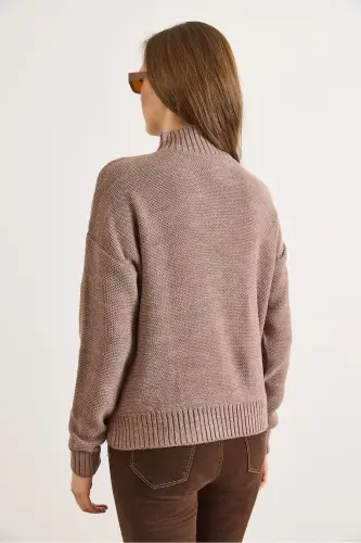 Kadın Vizon Dik Yaka Ortası Saç Örgülü Triko Kazak KZK-19000912-Vizon - 5