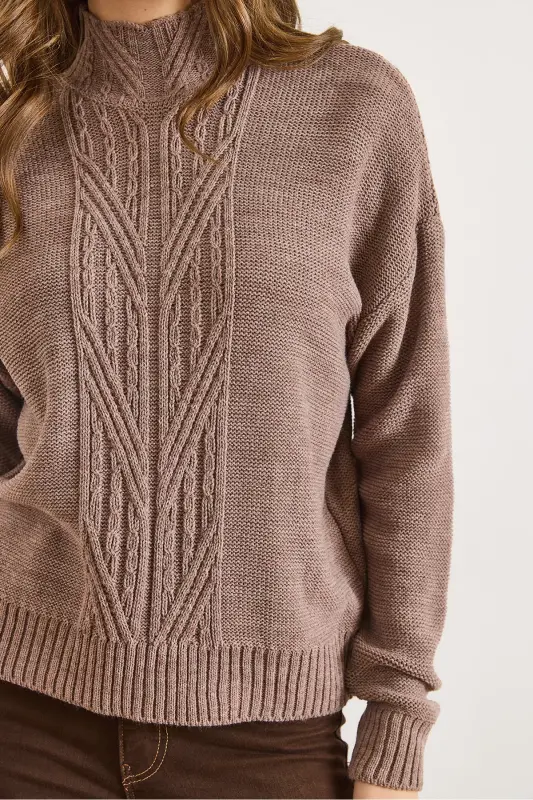 Kadın Vizon Dik Yaka Ortası Saç Örgülü Triko Kazak KZK-19000912-Vizon - 6