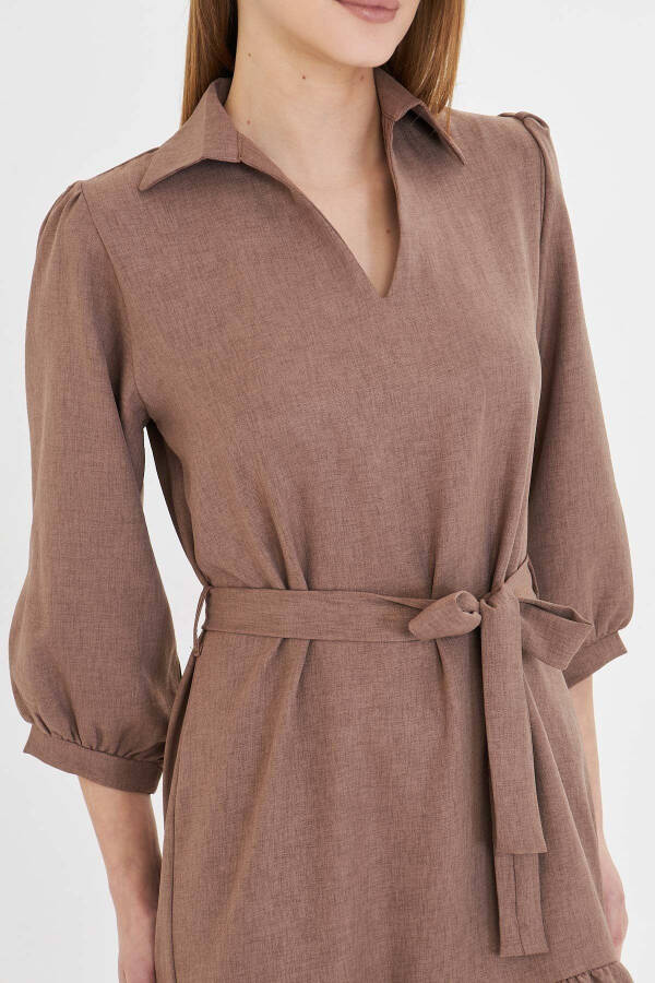 Kadın Vizon Gömlek Yaka Çeyrek Kol Beli Kuşaklı Eteği Büzgülü Elbise ARM-25Y001010-Vizon - 4