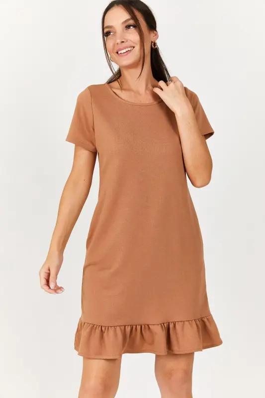 Kadın Vizon Kısa Kollu Altı Fırfırlı Elbise ARM-20Y001032-Vizon - ARMONIKA