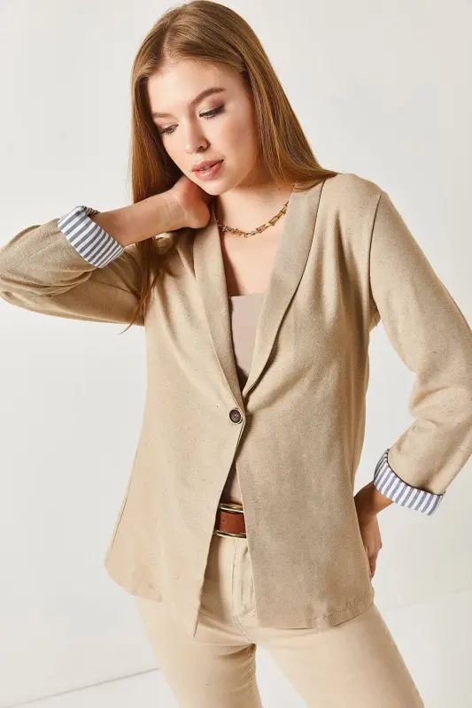 Kadın Vizon Kol İçi Çizgili Tek Düğmeli Ceket ARM-22K001122-Vizon - 1