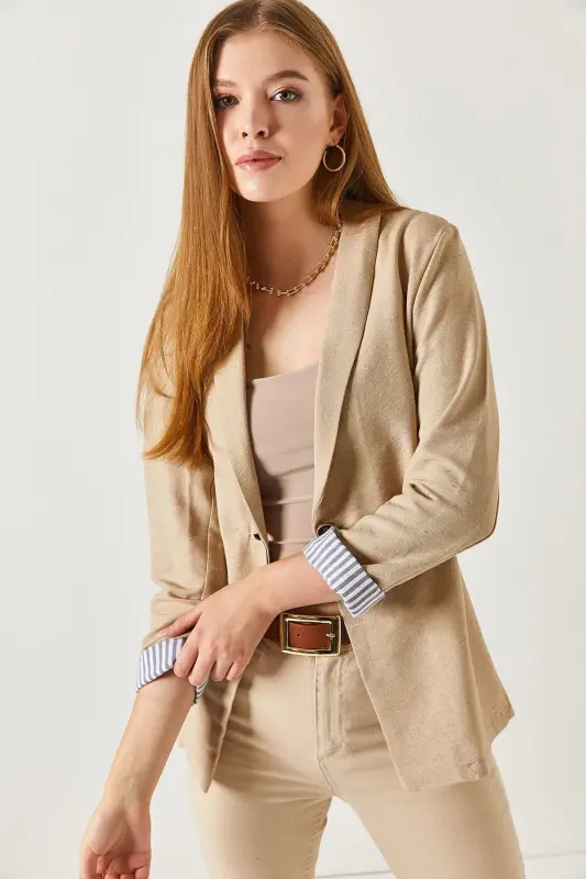 Kadın Vizon Kol İçi Çizgili Tek Düğmeli Ceket ARM-22K001122-Vizon - 2