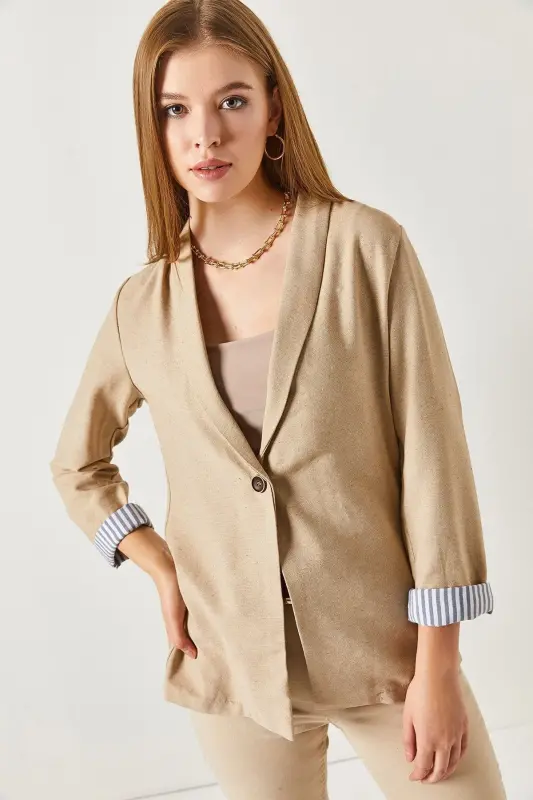 Kadın Vizon Kol İçi Çizgili Tek Düğmeli Ceket ARM-22K001122-Vizon - 3