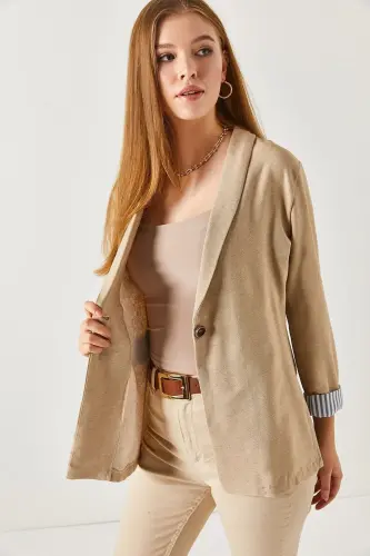 Kadın Vizon Kol İçi Çizgili Tek Düğmeli Ceket ARM-22K001122-Vizon - 4