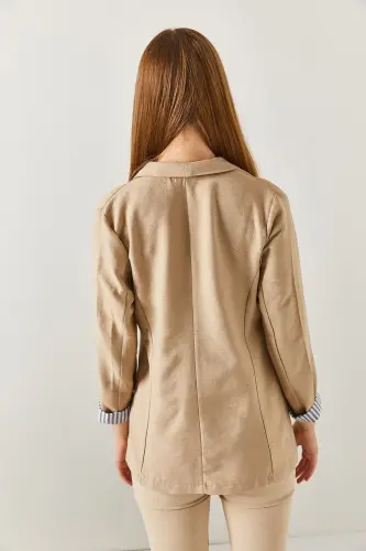 Kadın Vizon Kol İçi Çizgili Tek Düğmeli Ceket ARM-22K001122-Vizon - 5