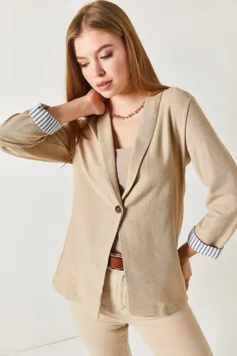 Kadın Vizon Kol İçi Çizgili Tek Düğmeli Ceket ARM-22K001122-Vizon 