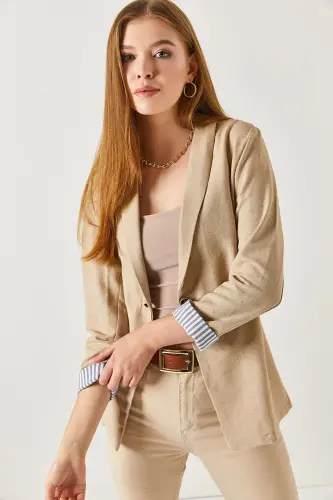 Kadın Vizon Kol İçi Çizgili Tek Düğmeli Ceket ARM-22K001122-Vizon - ARMONIKA (1)