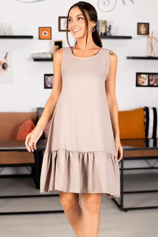 Kadın Vizon KOLSUZ ETEĞİ FIRFIRLI ELBİSE ARM-18Y001156-Vizon - 2