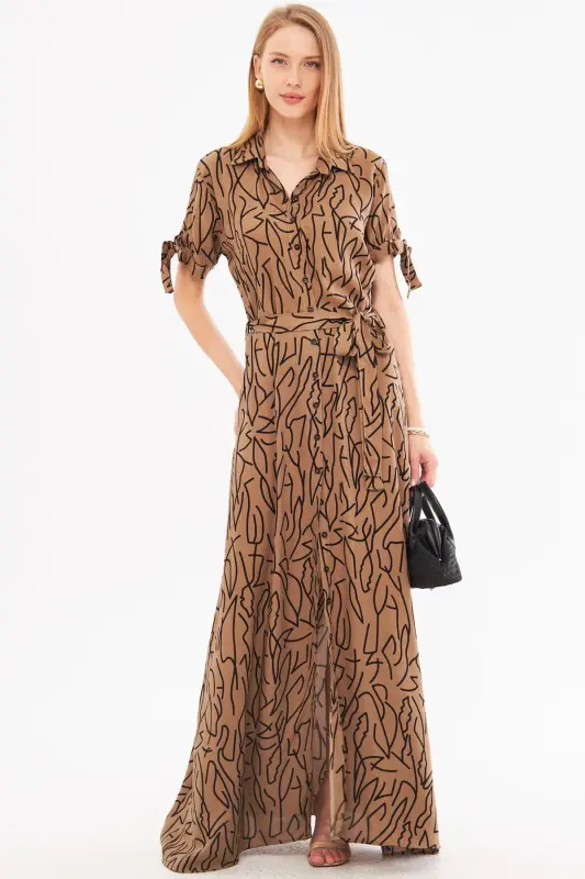 Kadın Vizon Kolu Bağlamalı Beli Kuşaklı Gömlek Elbise ARM-23Y001004 - Vizon - 7