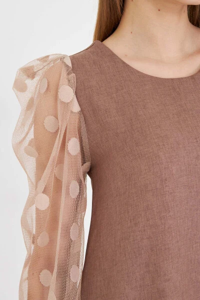 Kadın Vizon Kolu Tüllü Altı Fırfırlı Elbise ARM-25Y001038-Vizon - 2