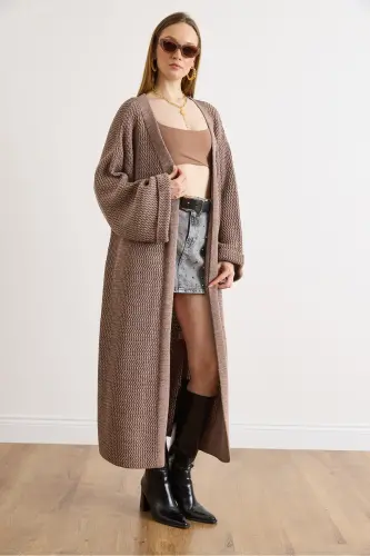 Kadın Vizon Manşeti Katlamalı Maxi Triko Hırka HRK-19000297-Vizon - OLALOOK (1)