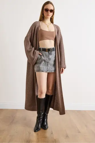 Kadın Vizon Manşeti Katlamalı Maxi Triko Hırka HRK-19000297-Vizon - 3