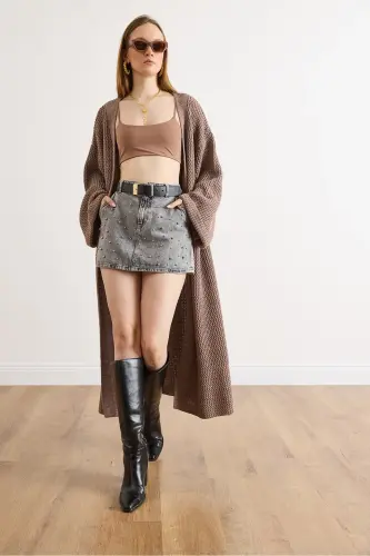 Kadın Vizon Manşeti Katlamalı Maxi Triko Hırka HRK-19000297-Vizon - 4