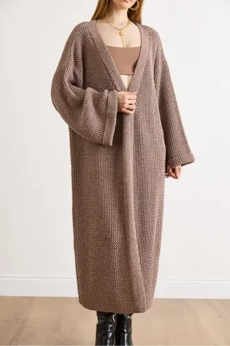 Kadın Vizon Manşeti Katlamalı Maxi Triko Hırka HRK-19000297-Vizon - 5