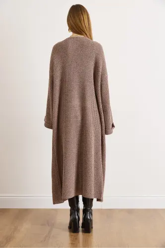 Kadın Vizon Manşeti Katlamalı Maxi Triko Hırka HRK-19000297-Vizon - 6