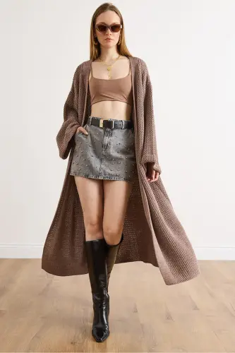 Kadın Vizon Manşeti Katlamalı Maxi Triko Hırka HRK-19000297-Vizon 