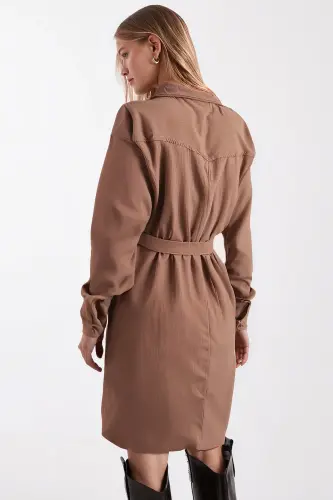 Kadın Vizon Önden Düğmeli Cepli Kuşaklı Kadife Elbise ARM-25K001085-Vizon - ARMONIKA (1)