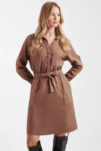 Kadın Vizon Önden Düğmeli Cepli Kuşaklı Kadife Elbise ARM-25K001085-Vizon - 1