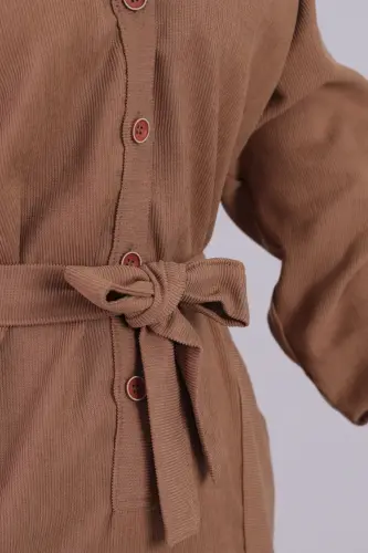 Kadın Vizon Önden Düğmeli Cepli Kuşaklı Kadife Elbise ARM-25K001085-Vizon - 3