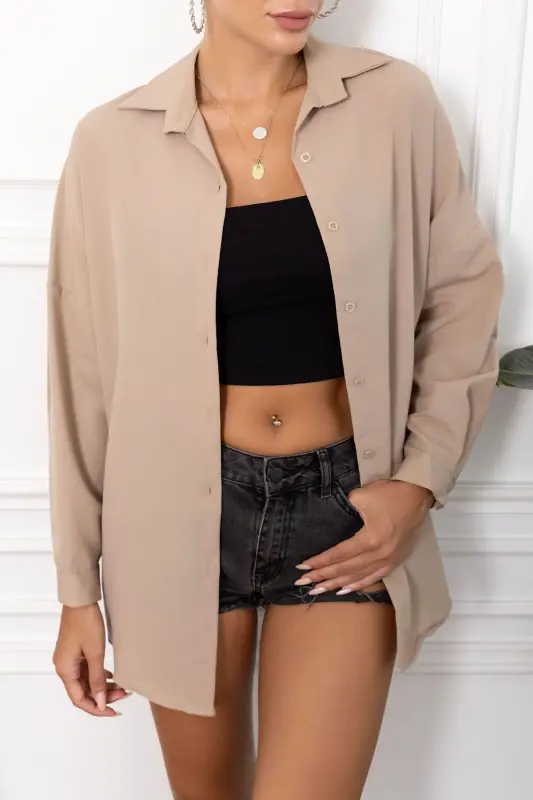 Kadın Vizon Oversize Uzun Basic Gömlek ARM-22Y001118-Vizon - 1
