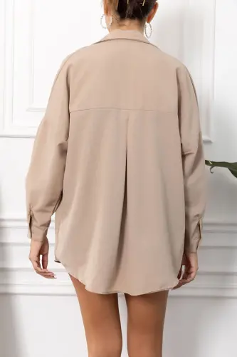 Kadın Vizon Oversize Uzun Basic Gömlek ARM-22Y001118-Vizon - 4