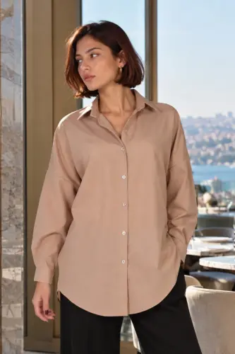 Kadın Vizon Oversize Uzun Basic Gömlek ARM-22Y001118 - Vizon - 1