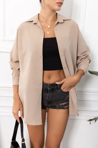 Kadın Vizon Oversize Uzun Basic Gömlek ARM-22Y001118-Vizon - 2