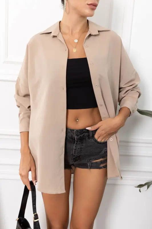 Kadın Vizon Oversize Uzun Basic Gömlek ARM-22Y001118-Vizon - 2