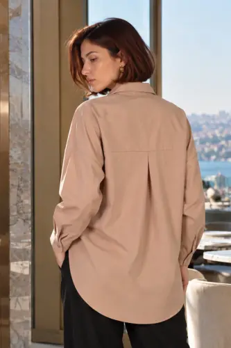 Kadın Vizon Oversize Uzun Basic Gömlek ARM-22Y001118 - Vizon - armonika (1)