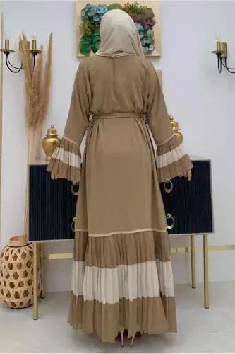 KADIN VİZON PİLİSE DETAYLI VOLANLI ABAYA T 4547-VİZON - 3