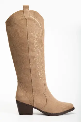 Kadın Vizon Süet Nakışlı Western Kovboy Cowgirl Bot Çizme-Vizon Süet - 1