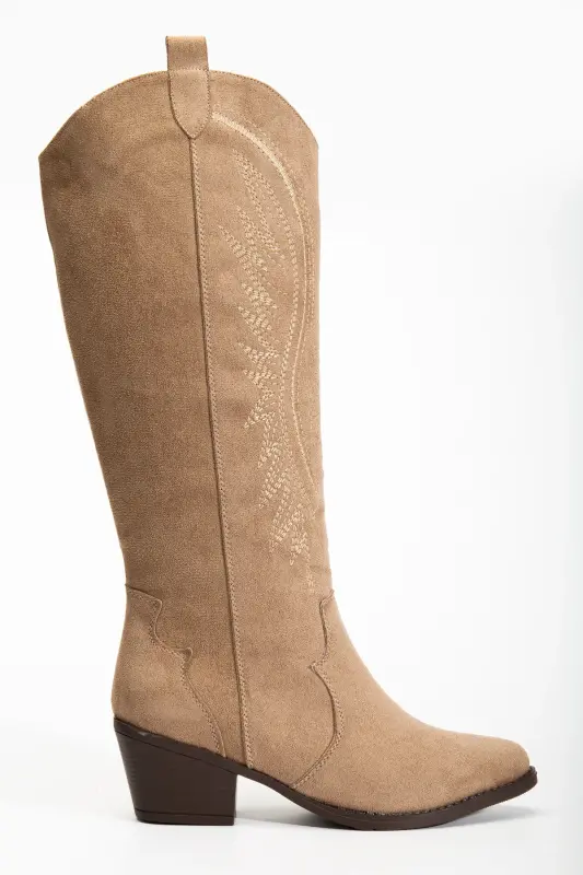 Kadın Vizon Süet Nakışlı Western Kovboy Cowgirl Bot Çizme-Vizon Süet - RİSSOLİ