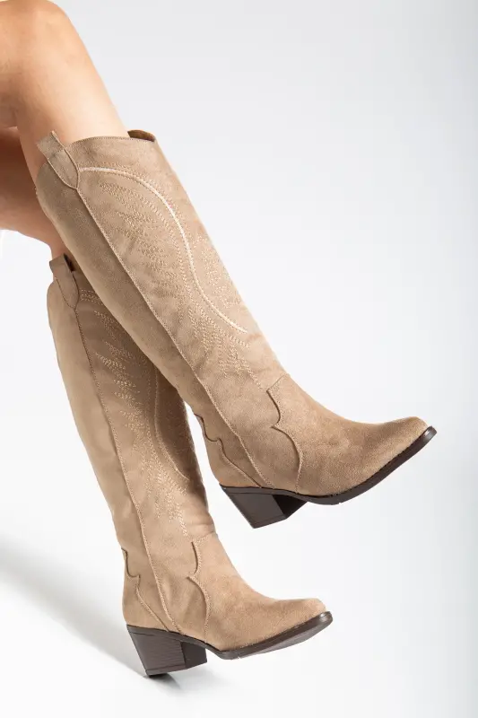 Kadın Vizon Süet Nakışlı Western Kovboy Cowgirl Bot Çizme-Vizon Süet - 2