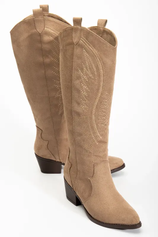 Kadın Vizon Süet Nakışlı Western Kovboy Cowgirl Bot Çizme-Vizon Süet - 5