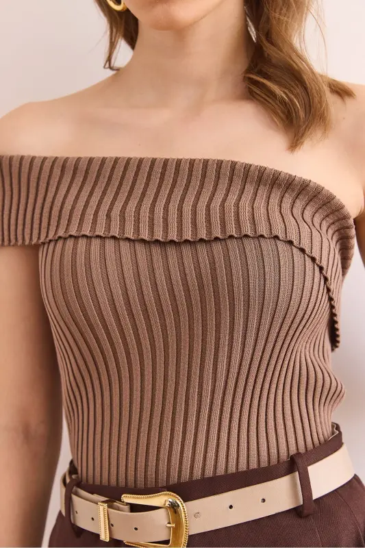 Kadın Vizon Tek Omuz Detaylı Fitilli Triko Bluz BLZ-19002897-Vizon - 5