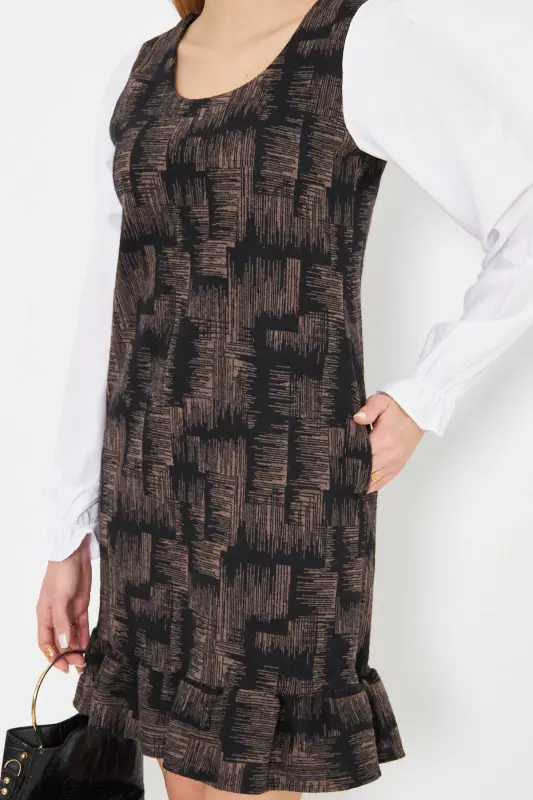 Kadın Vizon U Yaka Eteği Fırfır Detaylı Uzun Kol Cepli Elbise ARM-25K001052-Vizon - 4