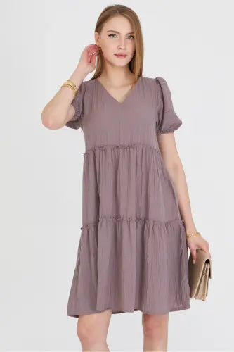 Kadın Vizon V Yaka Kısa Kol Fırfırlı Elbise ARM-25Y001049-Vizon - ARMONIKA (1)