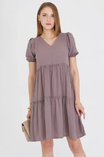 Kadın Vizon V Yaka Kısa Kol Fırfırlı Elbise ARM-25Y001049-Vizon 