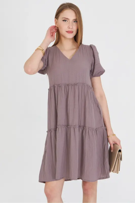 Kadın Vizon V Yaka Kısa Kol Fırfırlı Elbise ARM-25Y001049-Vizon - 2