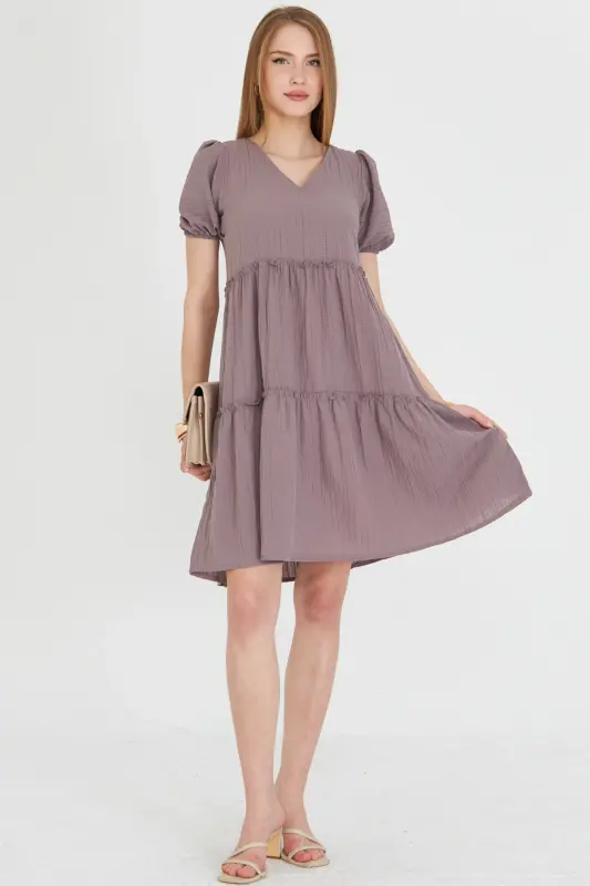 Kadın Vizon V Yaka Kısa Kol Fırfırlı Elbise ARM-25Y001049-Vizon - 3