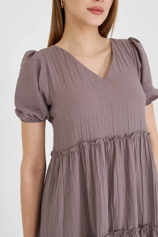 Kadın Vizon V Yaka Kısa Kol Fırfırlı Elbise ARM-25Y001049-Vizon - 4