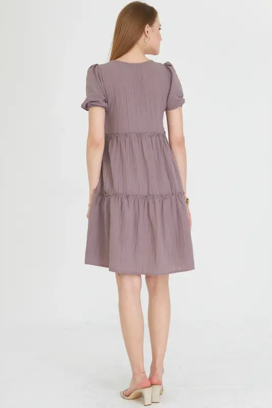 Kadın Vizon V Yaka Kısa Kol Fırfırlı Elbise ARM-25Y001049-Vizon - 5