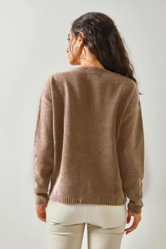 Kadın Vizon V Yaka Yumuşak Dokulu Triko Kazak KZK-19000598-Vizon - 3