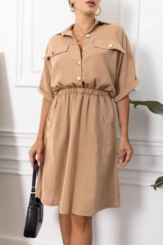 Kadın Vizon Yarasa Kol Cepli Beli Lastikli Elbise ARM-23Y001076-Vizon - 1