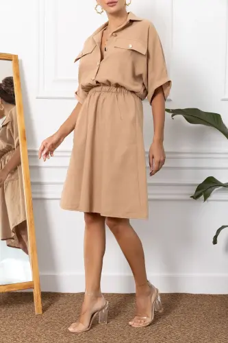 Kadın Vizon Yarasa Kol Cepli Beli Lastikli Elbise ARM-23Y001076-Vizon - ARMONIKA (1)